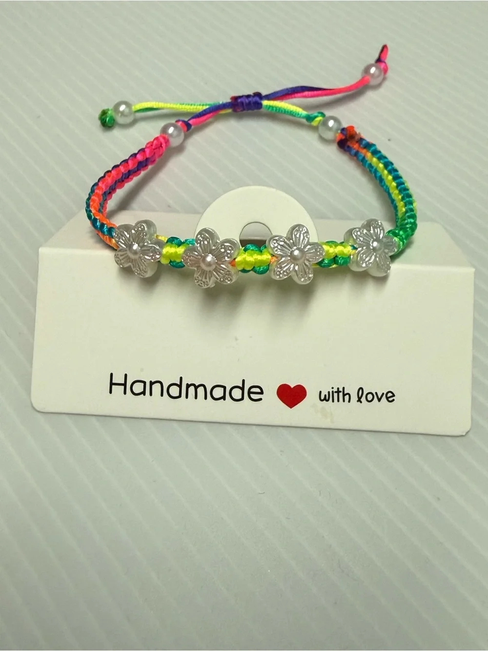 Handmade Multicolor Flower Cord Bracelet with Silver Flowers ajustable